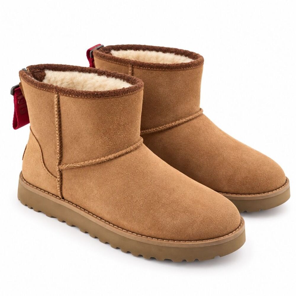 UGG Classic Mini Logo Zip Women’s Chestnut Suede Shearling Ankle Boots Size 8
